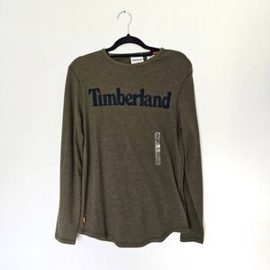 Timberland Waffle Shirt Men's Small Green Logo Linear Slim Fit Long Sleeve Tee